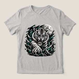 Fierce White Tiger Streetwear Shirt, Roaring Moon Tri-Blend Shirt