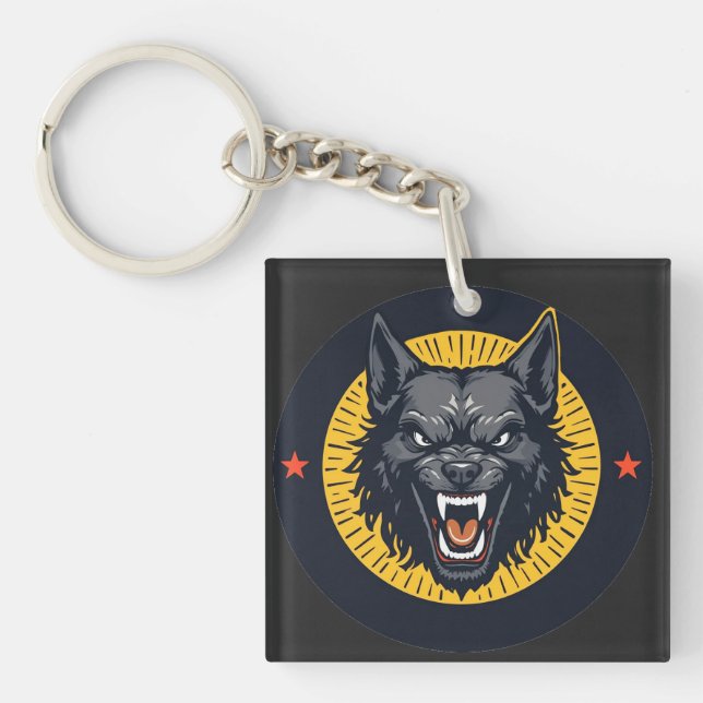 Fierce Wolf Illustration with Circular Design Keychain (Front)