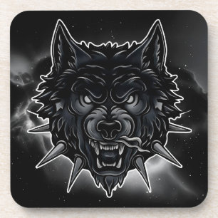 Fierce Wolf Illustration with Spiked Collar Coaster