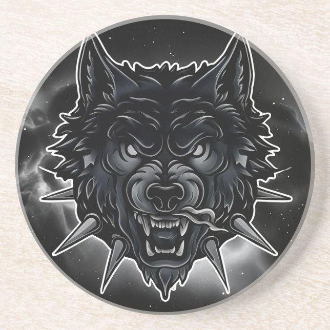 Fierce Wolf Illustration with Spiked Collar Coaster (Front)