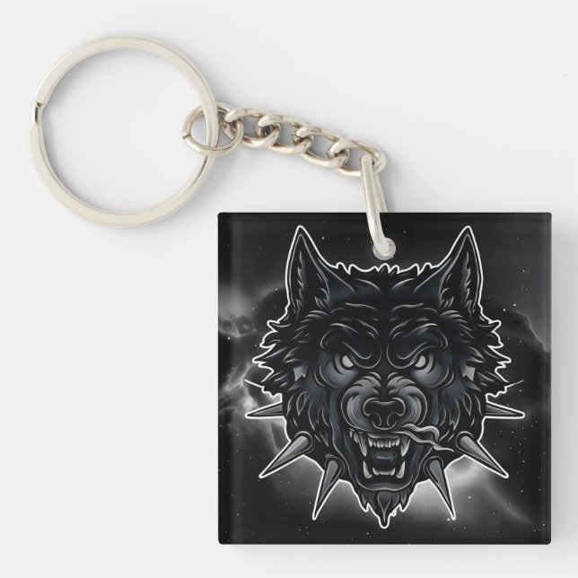 Fierce Wolf Illustration with Spiked Collar Keychain (Front)