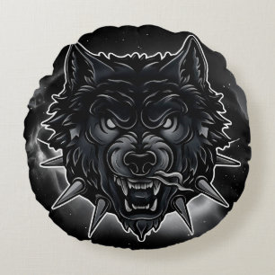 Fierce Wolf Illustration with Spiked Collar Round Pillow