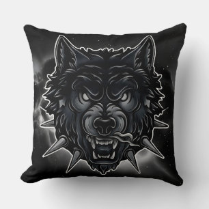 Fierce Wolf Illustration with Spiked Collar Throw Pillow
