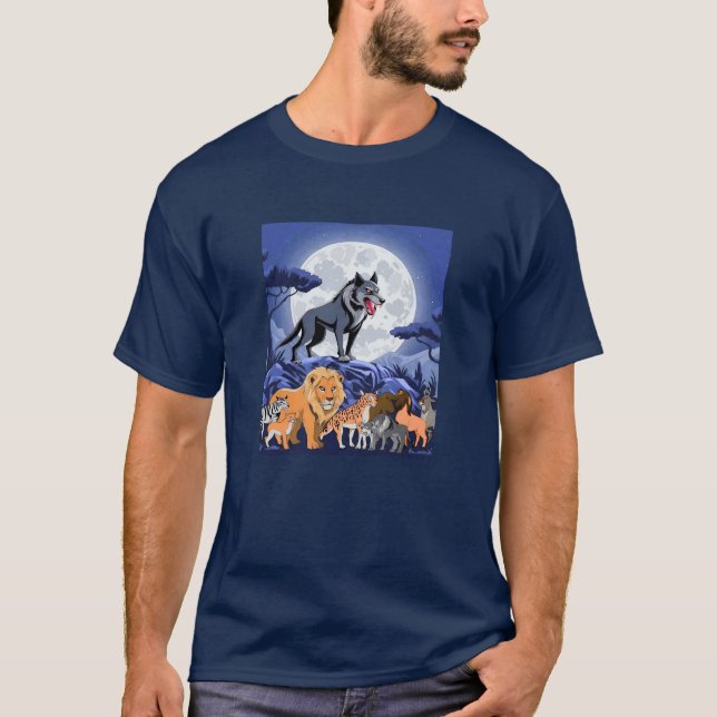 Fierce Wolf Under Full Moon with Jungle Animals –  T-Shirt (Front)
