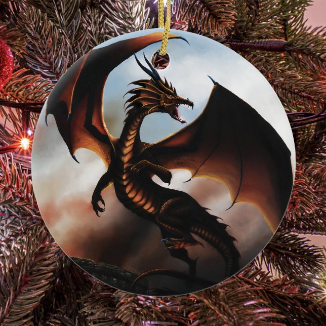 Fiery Amber Dragon Fantasy Ceramic Ornament (Creator Uploaded)