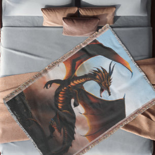 Fiery Amber Dragon Fantasy Throw Blanket