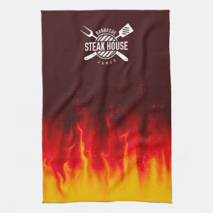 Fiery BBQ Kitchen Flames — Custom Steak House Towel