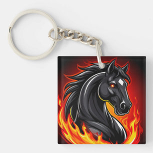 Fiery Black Horse Illustration with Glowing Eyes Keychain