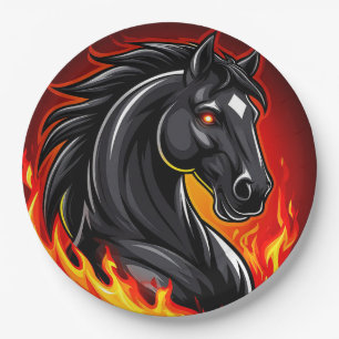 Fiery Black Horse Illustration with Glowing Eyes Paper Plate