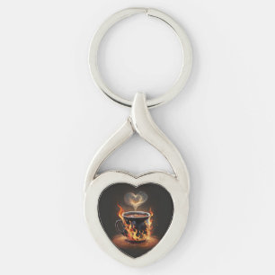 Fiery Christmas Coffee Cup with Heart Steam Art Keychain