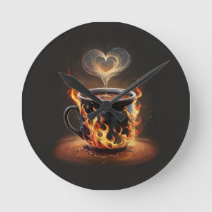 Fiery Christmas Coffee Cup with Heart Steam Art Round Clock
