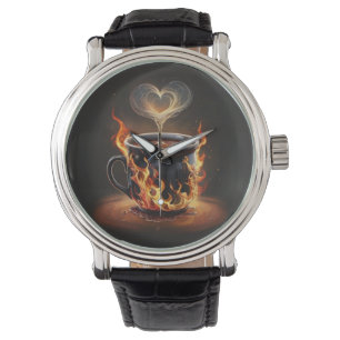 Fiery Christmas Coffee Cup with Heart Steam Art Watch