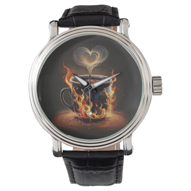 Fiery Christmas Coffee Cup with Heart Steam Art Watch (Front)