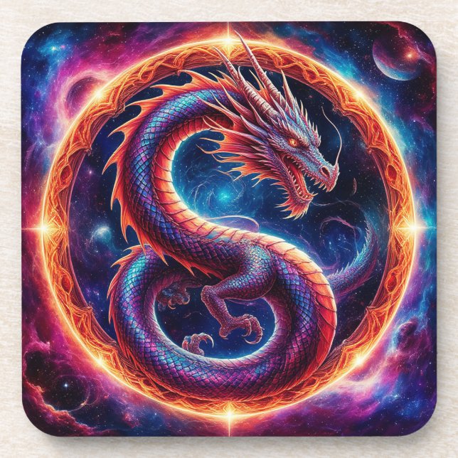 Fiery Cosmic Dragon Encircled by a Celestial Ring Coaster (Front)