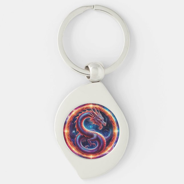 Fiery Cosmic Dragon Encircled by a Celestial Ring Keychain (Front)