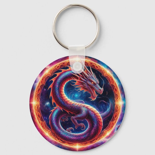 Fiery Cosmic Dragon Encircled by a Celestial Ring Keychain (Front)