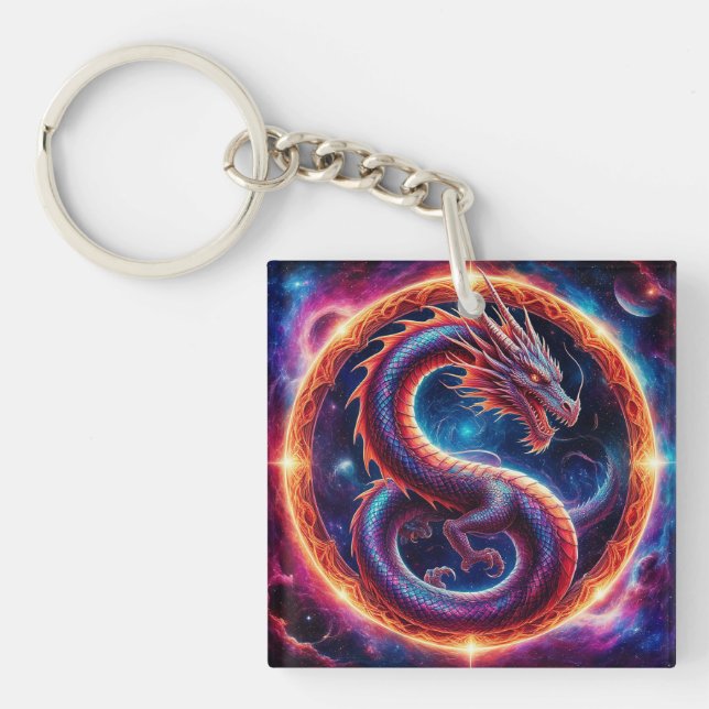 Fiery Cosmic Dragon Encircled by a Celestial Ring Keychain (Front)