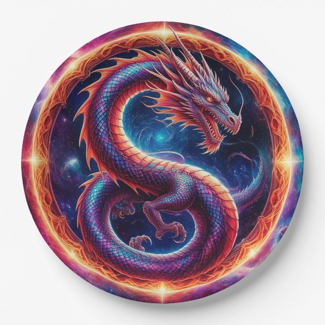 Fiery Cosmic Dragon Encircled by a Celestial Ring Paper Plate (Front)
