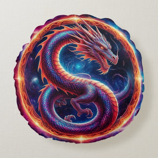Fiery Cosmic Dragon Encircled by a Celestial Ring Round Pillow (Front)