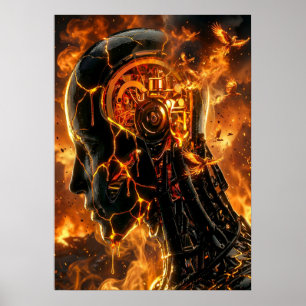 Fiery Cybernetic Phoenix Cracked Robot Head Poster