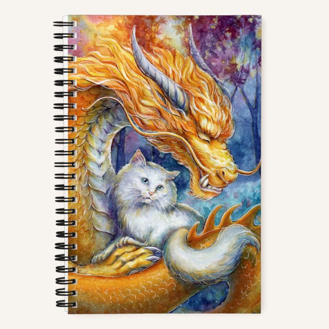Fiery Dragon and White Cat in Mystical Forest Notebook (Front)