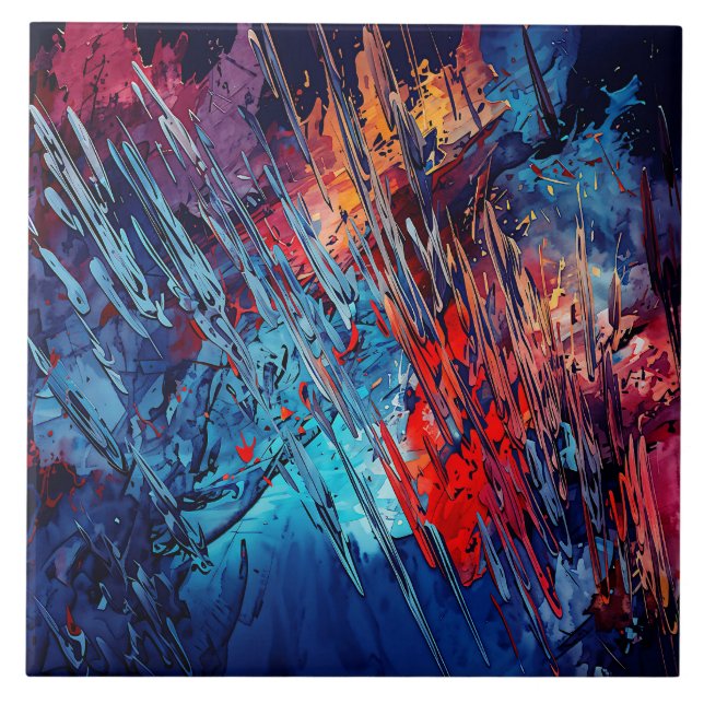 Fiery Drift Blue Red Contemporary Abstract Art Tile (Front)