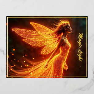 Fiery fairy girl red glow wings cute magic neon foil invitation postcard