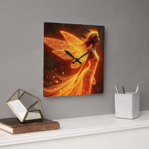 Fiery fairy girl red glow wings cute magic neon square wall clock
