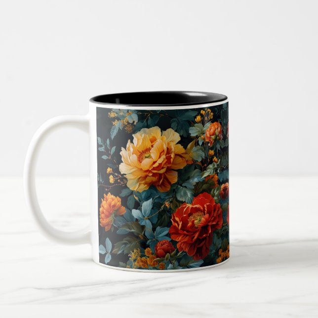 Fiery Floral Watercolor Blooms Two-Tone Coffee Mug (Left)