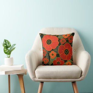 Fiery Garden – Stylized Poppy Bloom Throw Pillow
