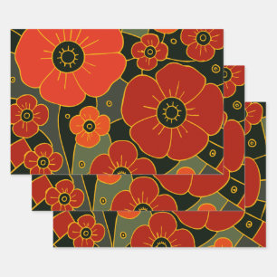 Fiery Garden – Stylized Poppy Bloom Wrapping Paper Sheet