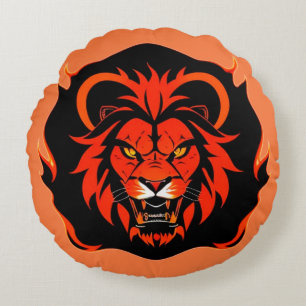 Fiery Lion Head Illustration Round Pillow
