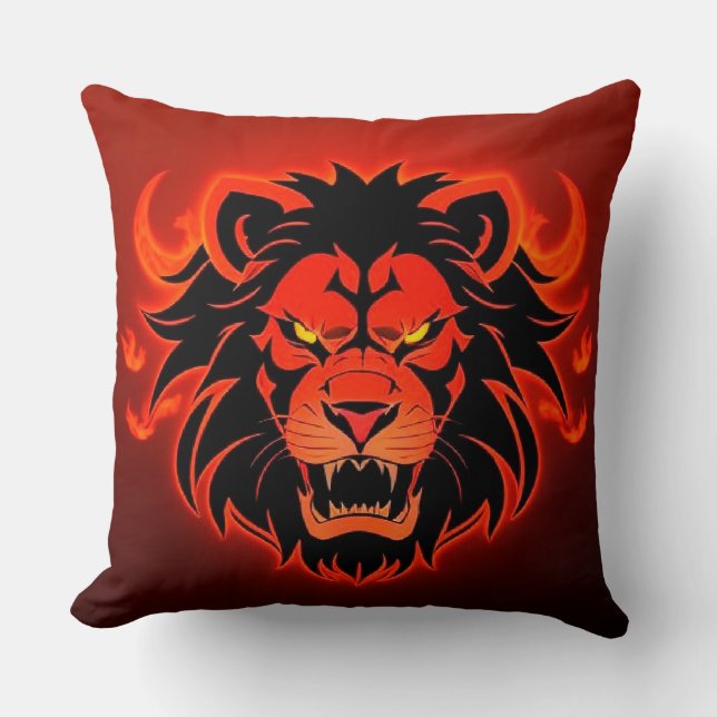 Fiery Lion Head Illustration Throw Pillow (Front)