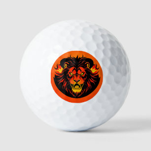 Fiery Lion Illustration Surrounded by Flamboyant Golf Balls