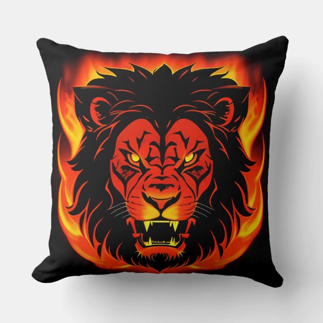 Fiery Lion Illustration Surrounded by Flamboyant Throw Pillow (Front)