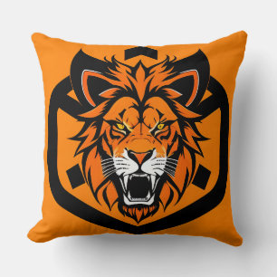 Fiery Lion Illustration Surrounded by Flamboyant Throw Pillow
