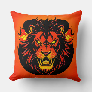 Fiery Lion Illustration Surrounded by Flamboyant Throw Pillow