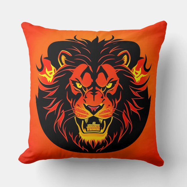 Fiery Lion Illustration Surrounded by Flamboyant Throw Pillow (Front)