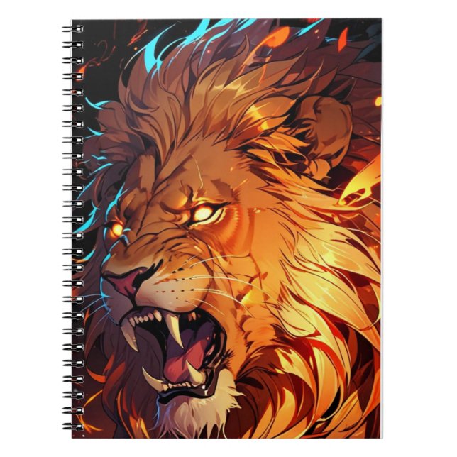 Fiery Lion with Vibrant Mane and Nature Elements Notebook (Front)