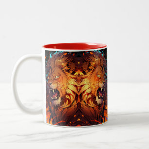 Fiery Lion with Vibrant Mane and Nature Elements Two-Tone Coffee Mug