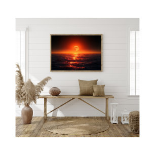 Fiery Moon Over Calm Ocean Fantasy Sunset Photo Print