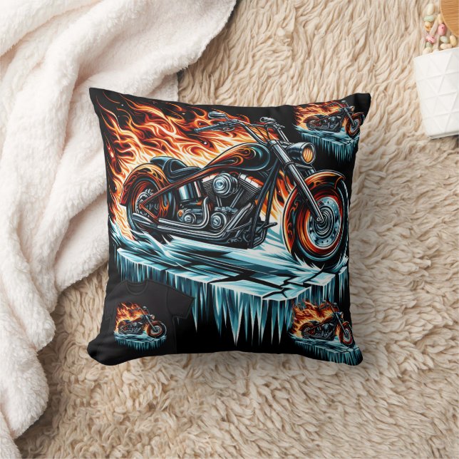Fiery motorcycle on a frozen surface at dusk throw pillow (Blanket)
