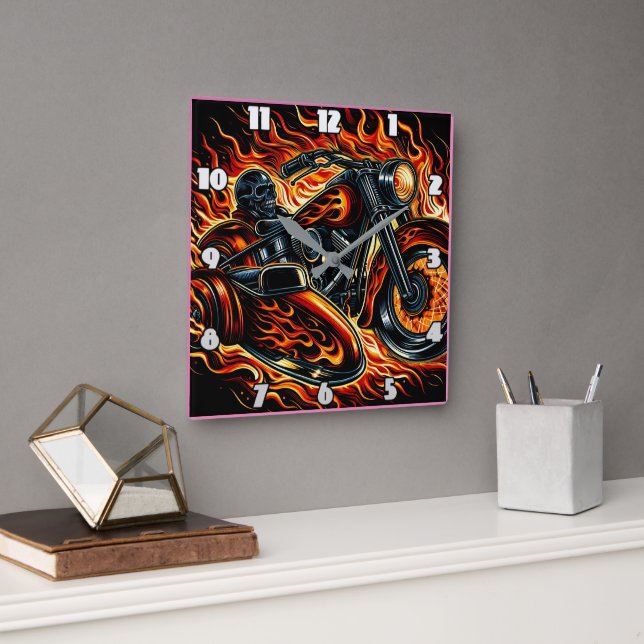 Fiery motorcycle racing through blazing flames  square wall clock (Office)
