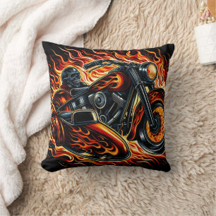 Fiery motorcycle racing through blazing flames  throw pillow