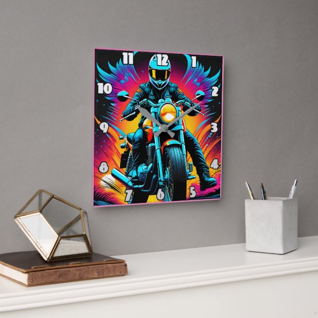 Fiery motorcycle rider in vibrant sunset glow square wall clock (Office)