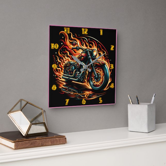 Fiery motorcycle roaring through a blazing night square wall clock (Office)