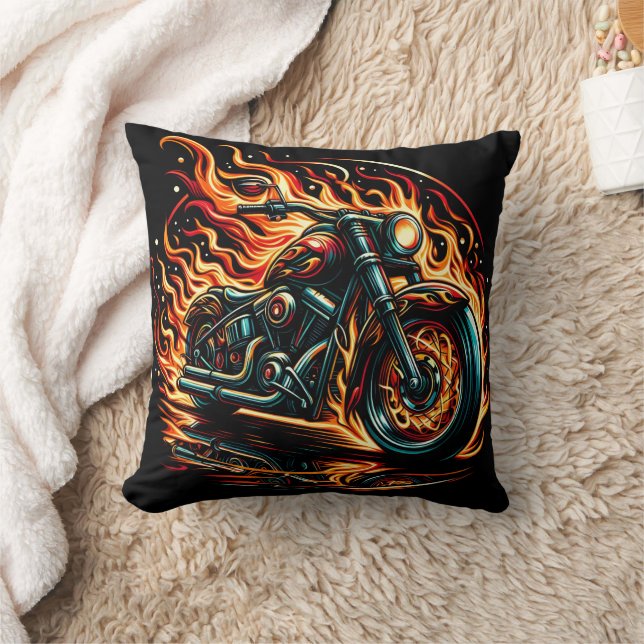 Fiery motorcycle roaring through a blazing night throw pillow (Blanket)