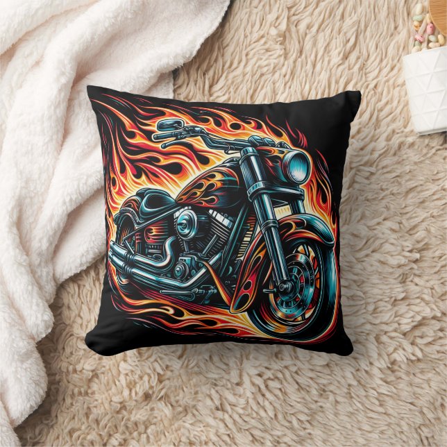 Fiery motorcycle roaring through a night of flames throw pillow (Blanket)