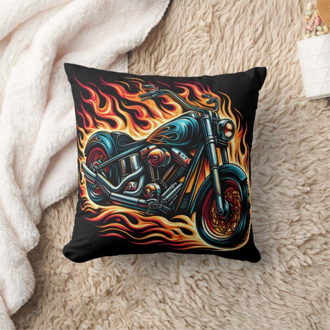 Fiery motorcycle roaring through flames at sunset throw pillow (Blanket)