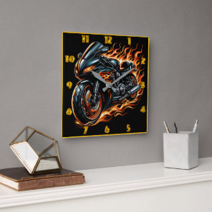 Fiery motorcycle roaring through the night square wall clock